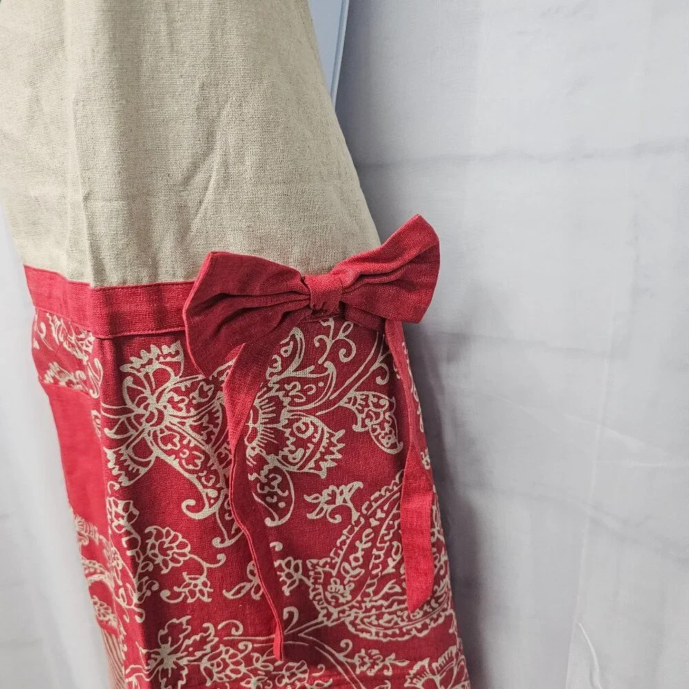 Jo Ann Fabric Tan Red Paisley Bow Apron Linen Blend Boho OSFA